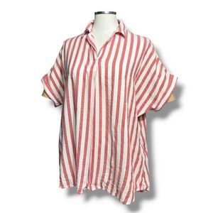 DA-SH Red & White Striped Cotton Blend Cap Sleeve Top Button Down Back Detail